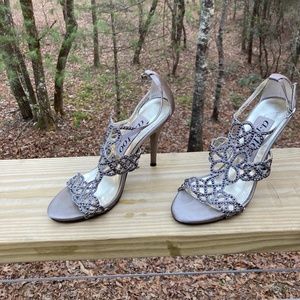 Grey satin rhinestone heels